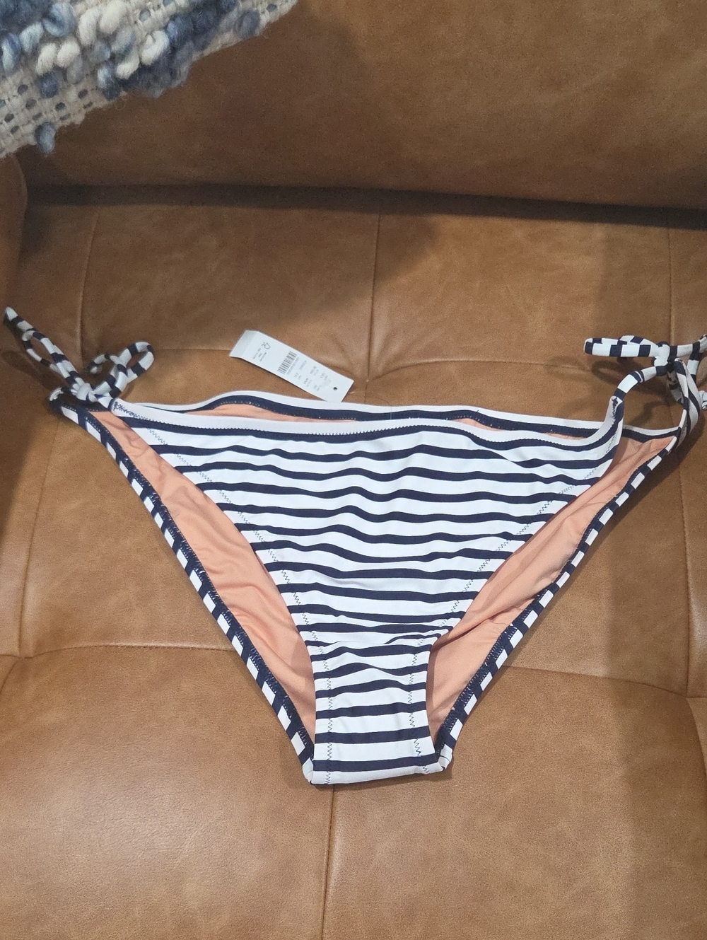 NWT Striped Navy & White Bikini Bottom with Peach Lining